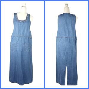 VINTAGE Embroidered Denim Maxi Length Jumper Dress  M